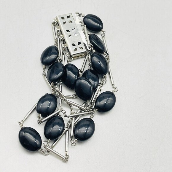 Multi Strand Silver Tone Bracelet Black Oval Cabochon Beads Statement Layered - Picture 4 of 8